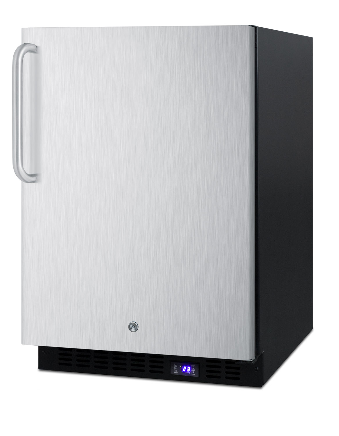 Frost-free outdoor all-freezer w/icemaker, digital thermostat, black cabinet, lock, stainless steel door and towel bar handle; built-in or freestanding